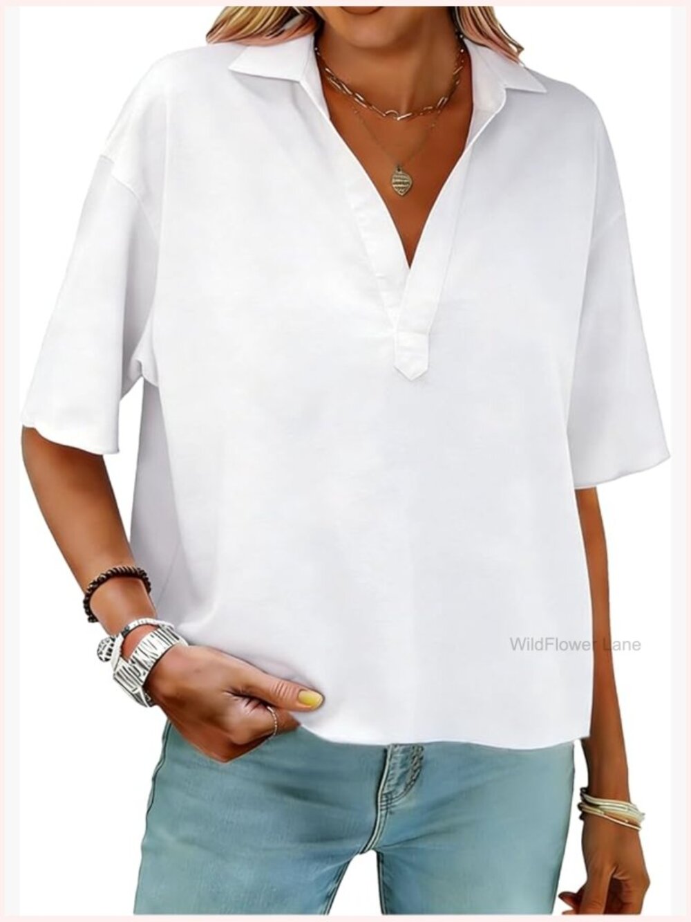 V-Neck Lapel Short Sleeve Blouse Lightweight Casual Work Top